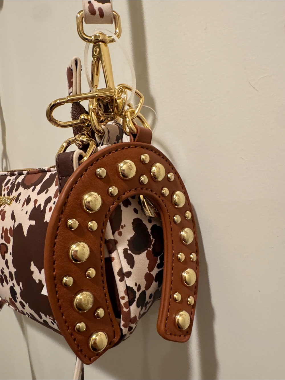 Betsey Johnson Brown & White Cow Print Crossbody Bag with Gold Hardware - Picture 2 of 6